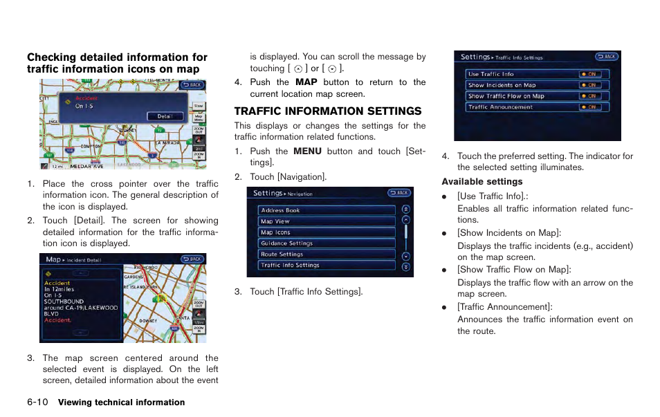 Traffic information settings -10 | NISSAN 2012 LEAF - Navigation System Owner's Manual User Manual | Page 180 / 259