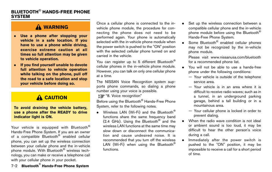 Bluetooth, Hands-free phone system -2, Warning | Caution | NISSAN 2012 LEAF - Navigation System Owner's Manual User Manual | Page 184 / 259