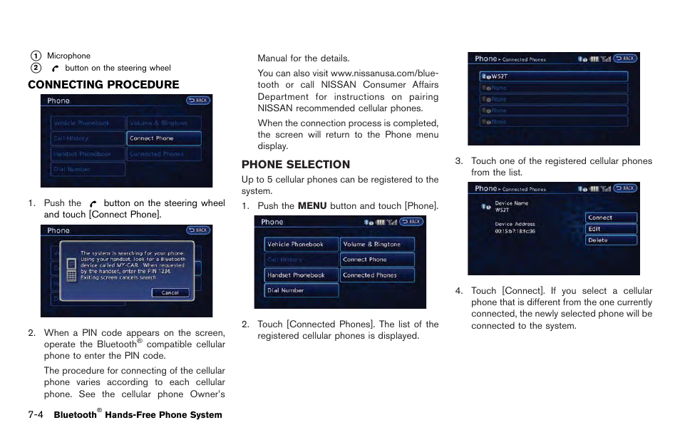 Connecting procedure -4 phone selection -4 | NISSAN 2012 LEAF - Navigation System Owner's Manual User Manual | Page 186 / 259