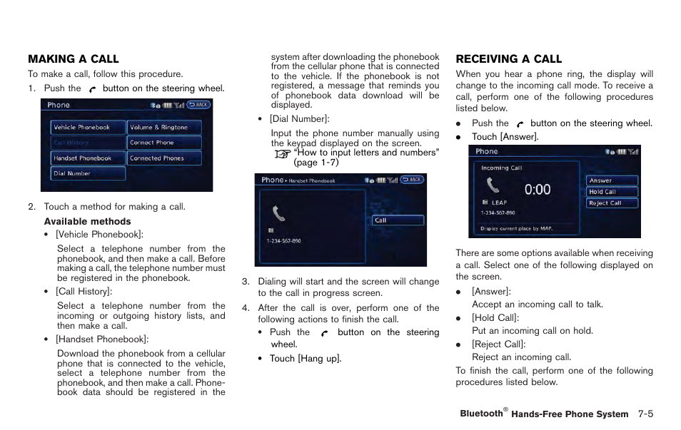 Making a call -5, Receiving a call -5 | NISSAN 2012 LEAF - Navigation System Owner's Manual User Manual | Page 187 / 259