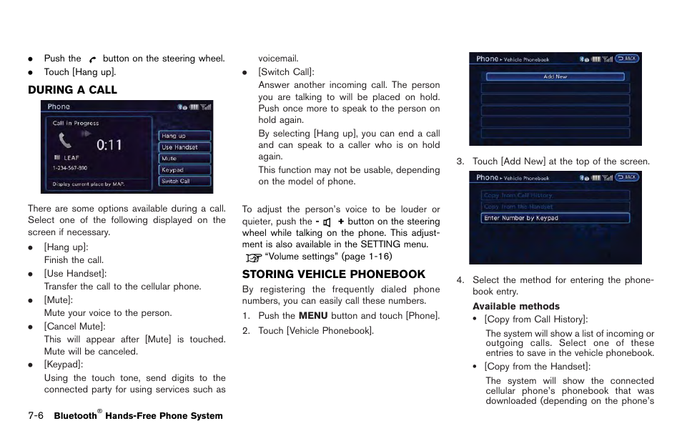 During a call -6 storing vehicle phonebook -6 | NISSAN 2012 LEAF - Navigation System Owner's Manual User Manual | Page 188 / 259