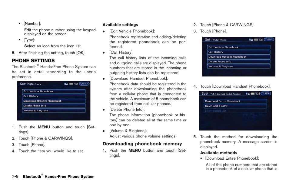 Phone settings -8 | NISSAN 2012 LEAF - Navigation System Owner's Manual User Manual | Page 190 / 259