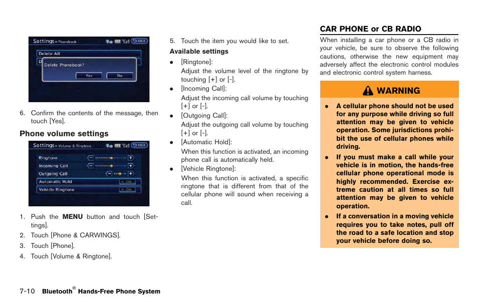 Car phone or cb radio -10, Warning | NISSAN 2012 LEAF - Navigation System Owner's Manual User Manual | Page 192 / 259