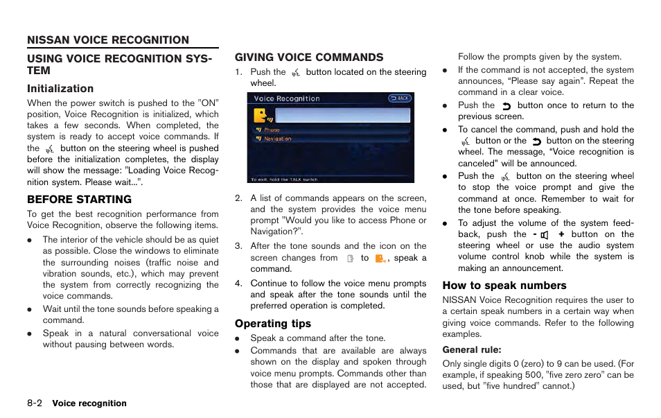 Nissan voice recognition -2 | NISSAN 2012 LEAF - Navigation System Owner's Manual User Manual | Page 196 / 259