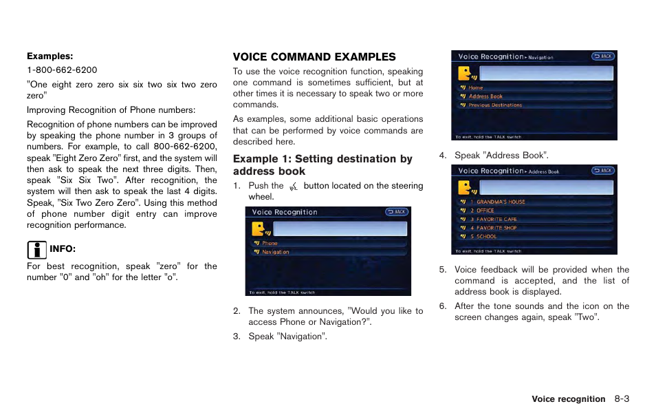 Voice command examples -3 | NISSAN 2012 LEAF - Navigation System Owner's Manual User Manual | Page 197 / 259