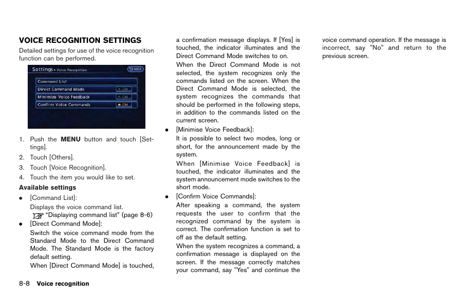 Voice recognition settings -8 | NISSAN 2012 LEAF - Navigation System Owner's Manual User Manual | Page 202 / 259