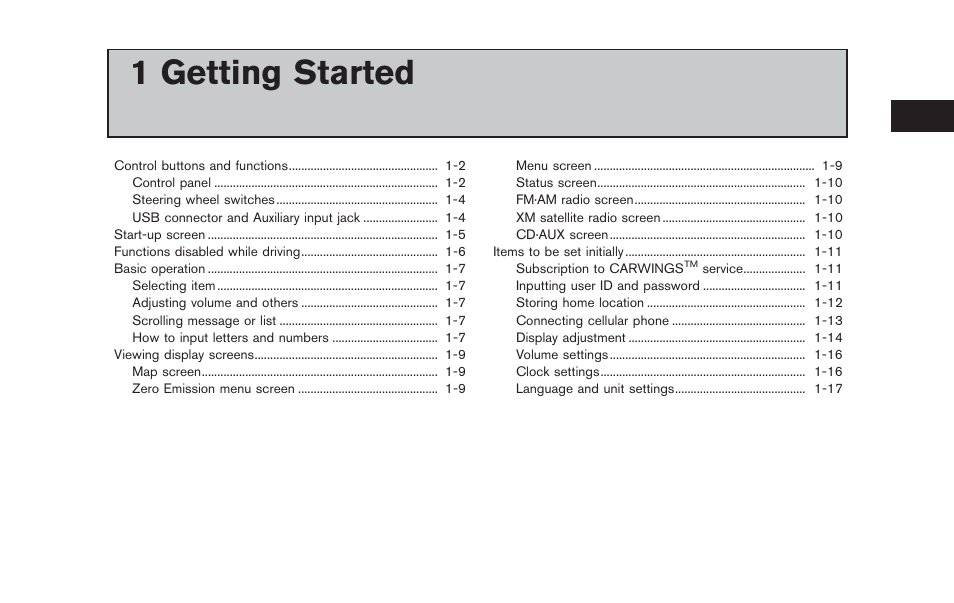 Getting started, 1 getting started | NISSAN 2012 LEAF - Navigation System Owner's Manual User Manual | Page 21 / 259