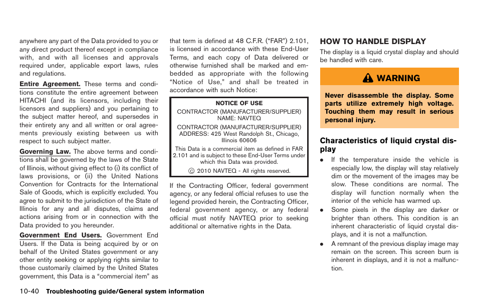 How to handle display -40, Warning | NISSAN 2012 LEAF - Navigation System Owner's Manual User Manual | Page 252 / 259