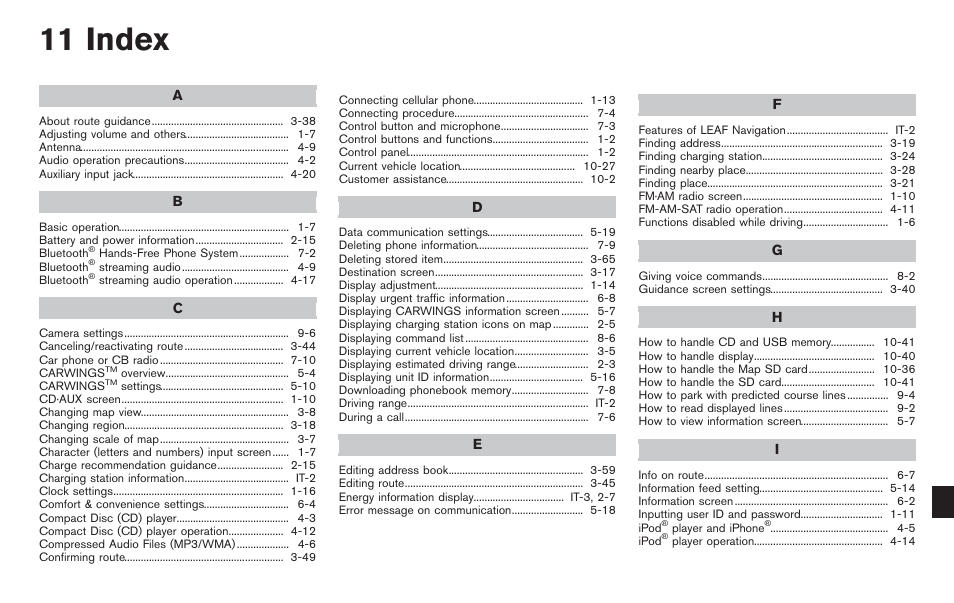 Index, 11 index | NISSAN 2012 LEAF - Navigation System Owner's Manual User Manual | Page 255 / 259