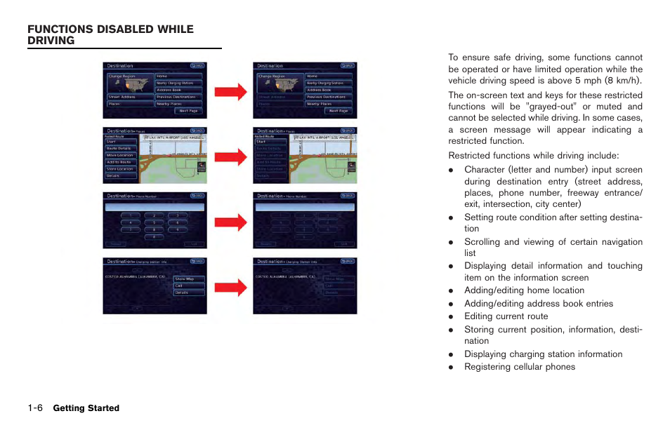 Functions disabled while driving -6 | NISSAN 2012 LEAF - Navigation System Owner's Manual User Manual | Page 26 / 259