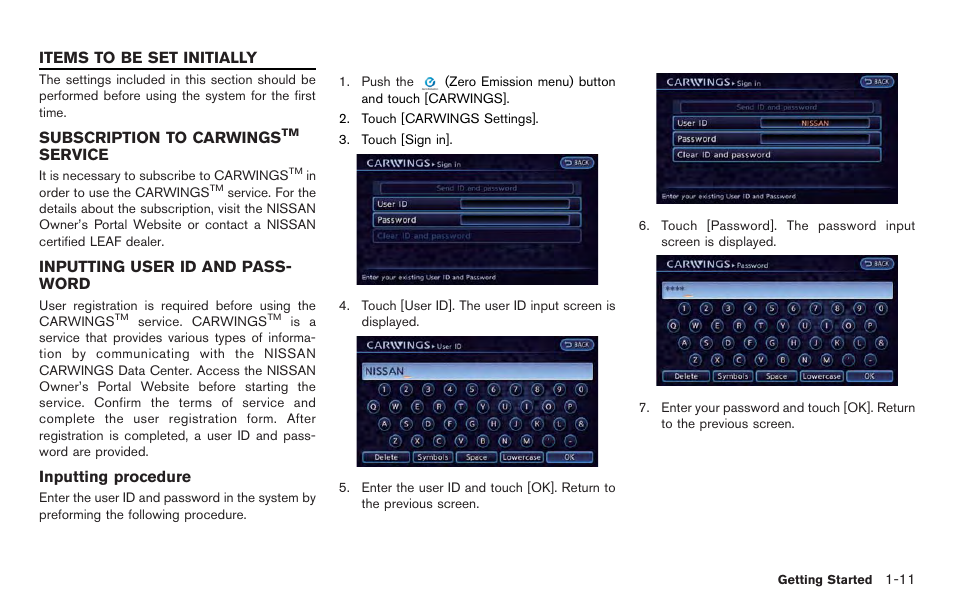 Items to be set initially -11, Subscription to carwings, Service -11 | Inputting user id and password -11 | NISSAN 2012 LEAF - Navigation System Owner's Manual User Manual | Page 31 / 259