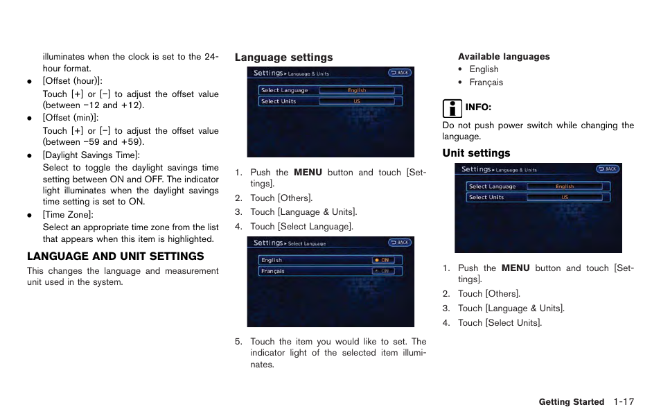 Language and unit settings -17 | NISSAN 2012 LEAF - Navigation System Owner's Manual User Manual | Page 37 / 259