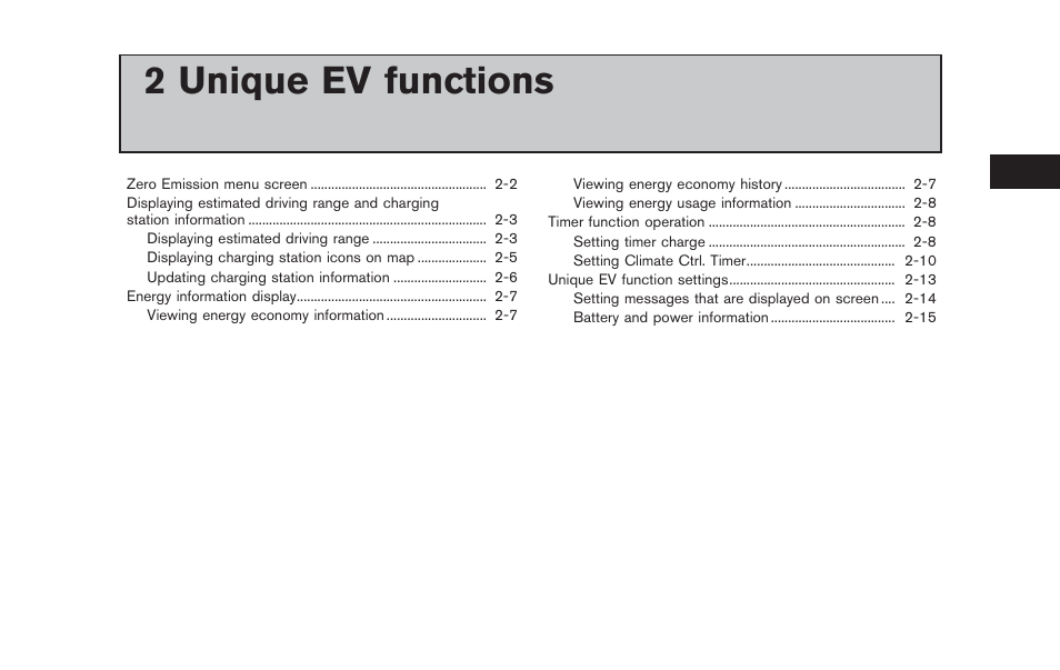 Unique ev functions, 2 unique ev functions | NISSAN 2012 LEAF - Navigation System Owner's Manual User Manual | Page 39 / 259