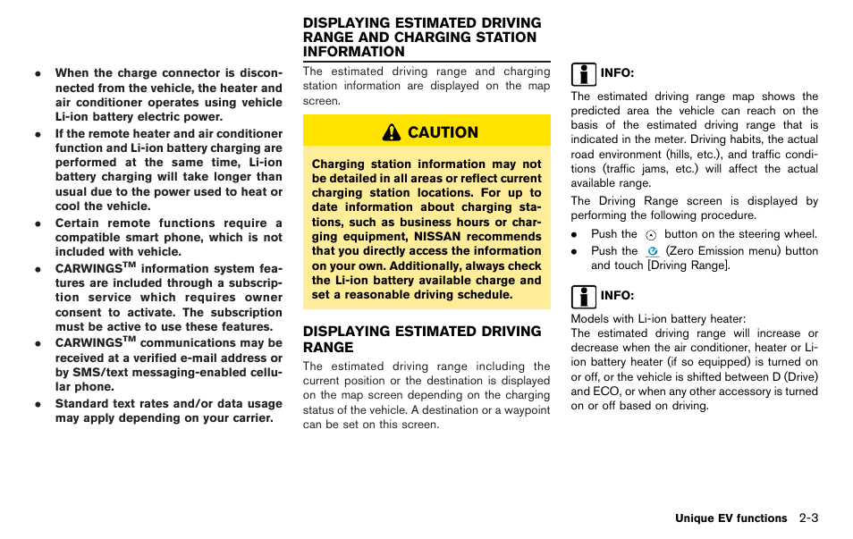 Displaying estimated driving range -3, Caution | NISSAN 2012 LEAF - Navigation System Owner's Manual User Manual | Page 41 / 259