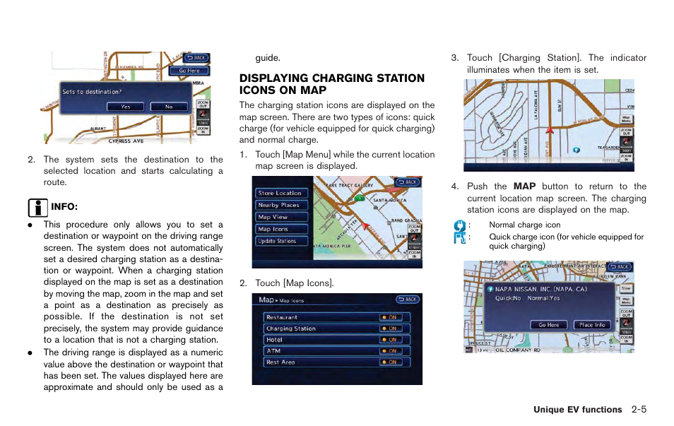 Displaying charging station icons on map -5 | NISSAN 2012 LEAF - Navigation System Owner's Manual User Manual | Page 43 / 259