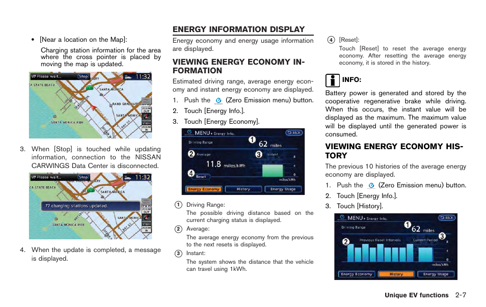 Energy information display -7, Viewing energy economy information -7, Viewing energy economy history -7 | NISSAN 2012 LEAF - Navigation System Owner's Manual User Manual | Page 45 / 259