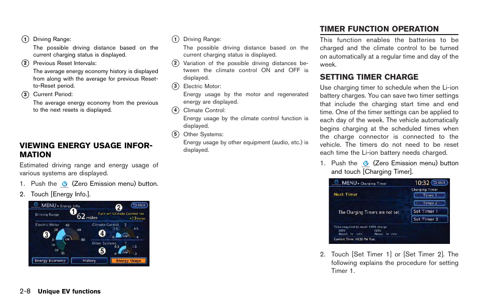 Viewing energy usage information -8, Timer function operation -8, Setting timer charge -8 | NISSAN 2012 LEAF - Navigation System Owner's Manual User Manual | Page 46 / 259
