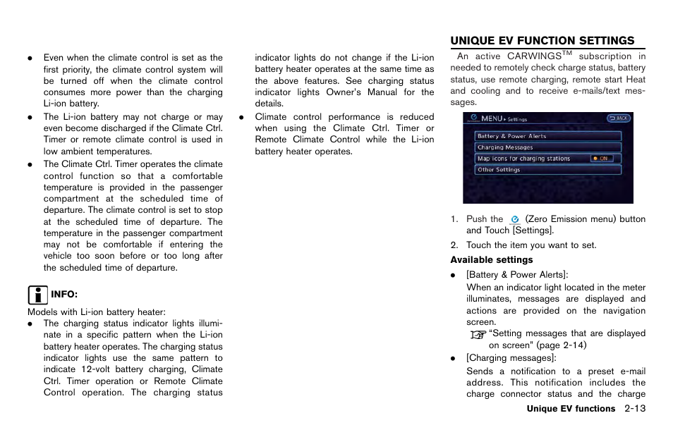 Unique ev function settings -13 | NISSAN 2012 LEAF - Navigation System Owner's Manual User Manual | Page 51 / 259