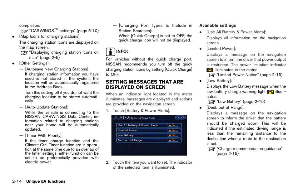Setting messages that are displayed on screen -14 | NISSAN 2012 LEAF - Navigation System Owner's Manual User Manual | Page 52 / 259