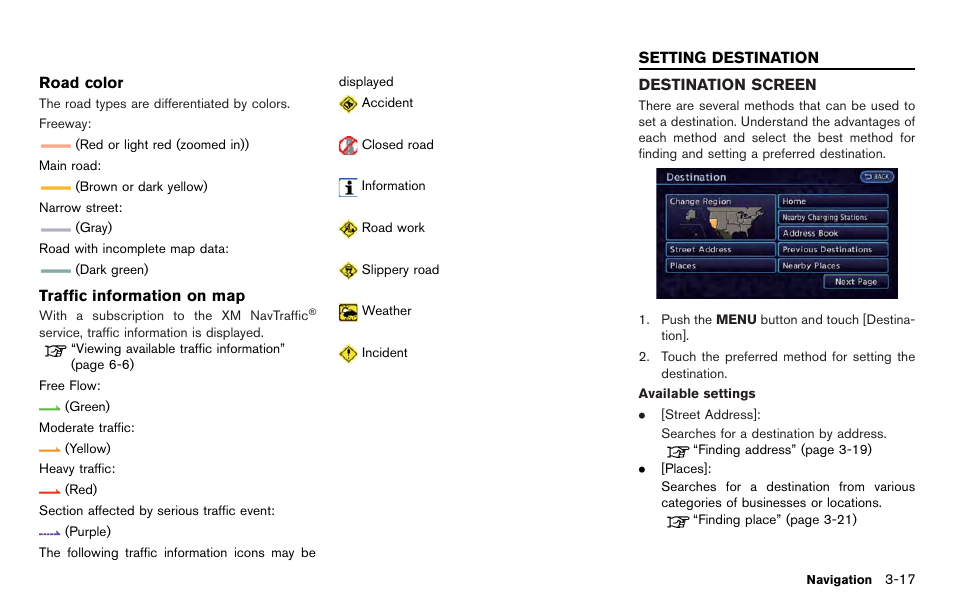 Setting destination -17, Destination screen -17 | NISSAN 2012 LEAF - Navigation System Owner's Manual User Manual | Page 73 / 259