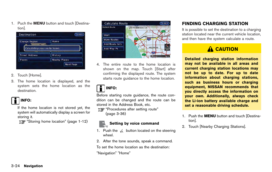 Finding charging station -24, Caution | NISSAN 2012 LEAF - Navigation System Owner's Manual User Manual | Page 80 / 259