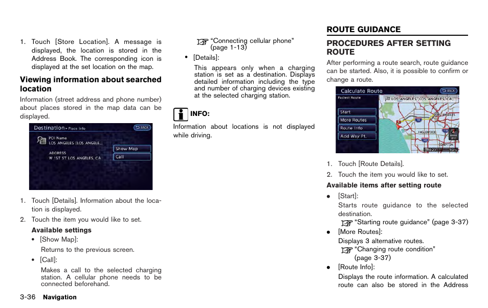 Route guidance -36, Procedures after setting route -36 | NISSAN 2012 LEAF - Navigation System Owner's Manual User Manual | Page 92 / 259