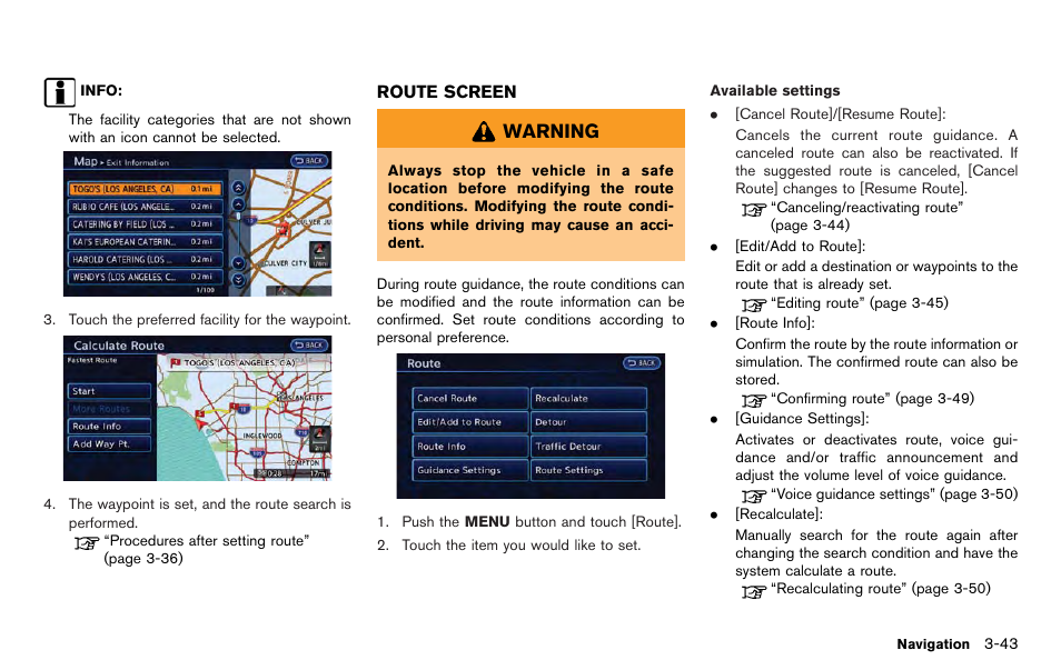 Route screen -43, Warning | NISSAN 2012 LEAF - Navigation System Owner's Manual User Manual | Page 99 / 259