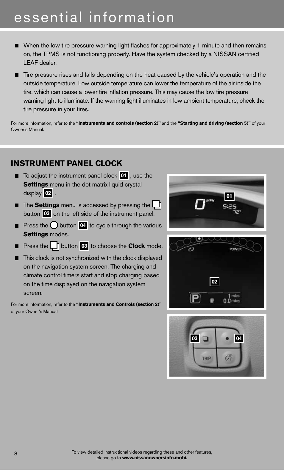 Essential information, Instrument panel clock | NISSAN 2012 LEAF - Quick Reference Guide User Manual | Page 10 / 24