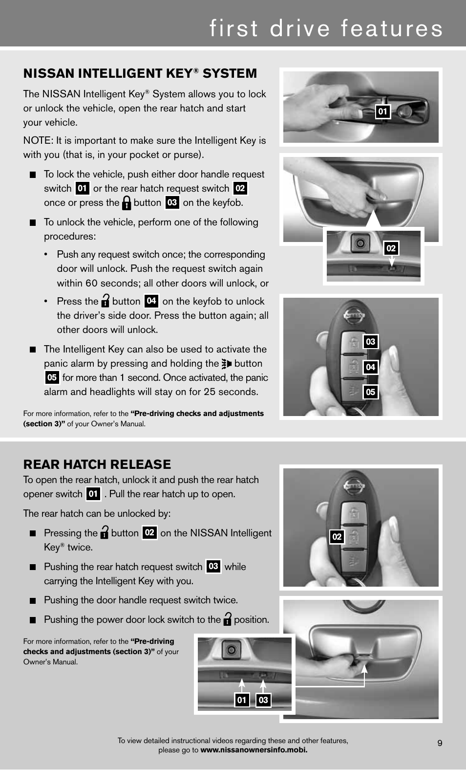 First drive features, Rear hatch release, Nissan intelligent key | System | NISSAN 2012 LEAF - Quick Reference Guide User Manual | Page 11 / 24