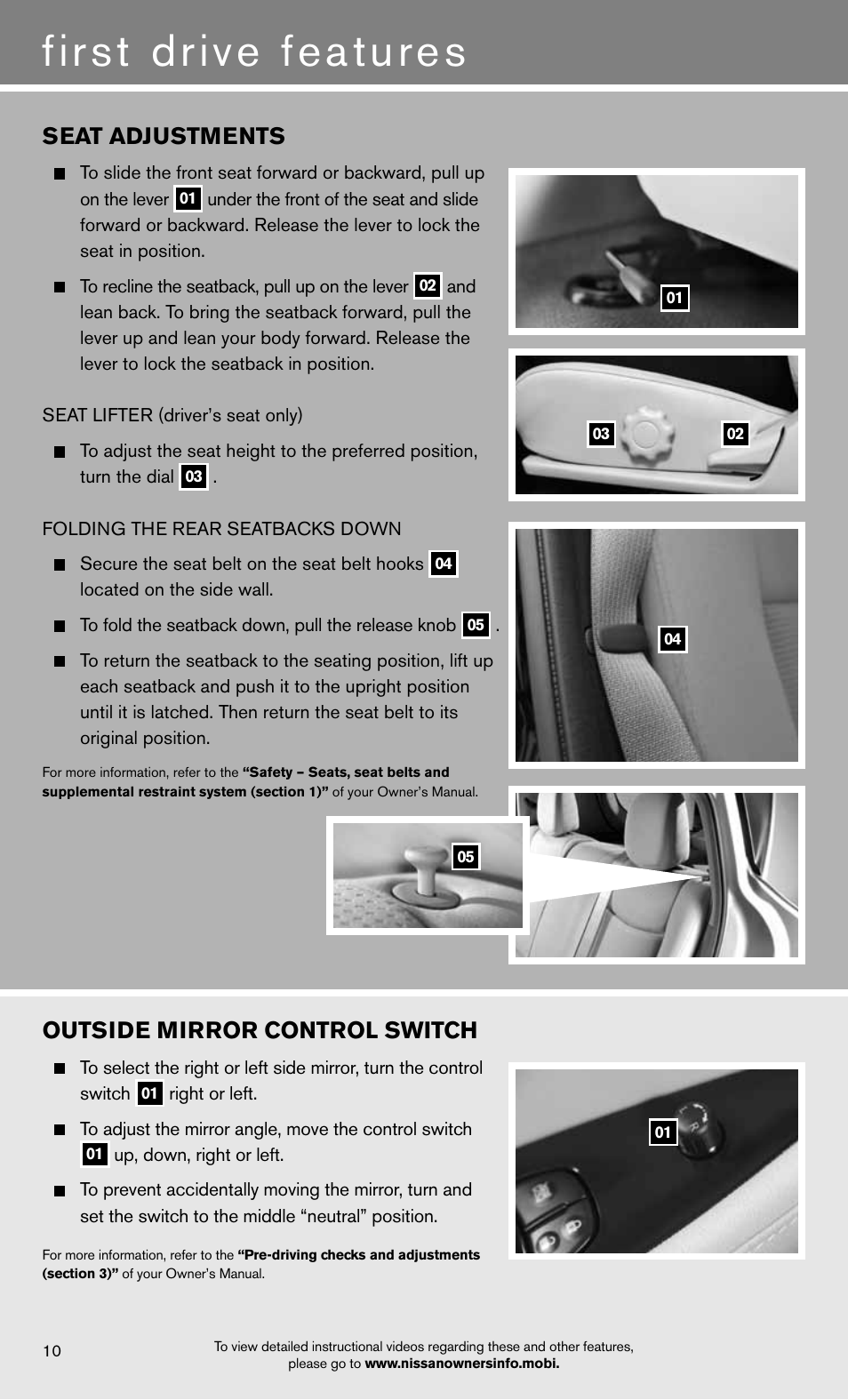 First drive features, Seat adjustments, Outside mirror control switch | NISSAN 2012 LEAF - Quick Reference Guide User Manual | Page 12 / 24