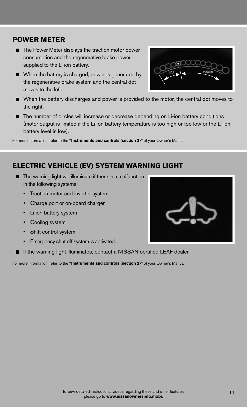 Power meter, Electric vehicle (ev) system warning light | NISSAN 2012 LEAF - Quick Reference Guide User Manual | Page 13 / 24