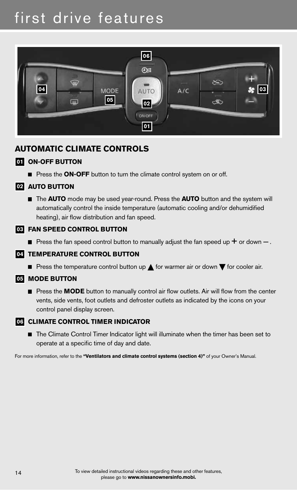 First drive features, Automatic climate controls | NISSAN 2012 LEAF - Quick Reference Guide User Manual | Page 16 / 24