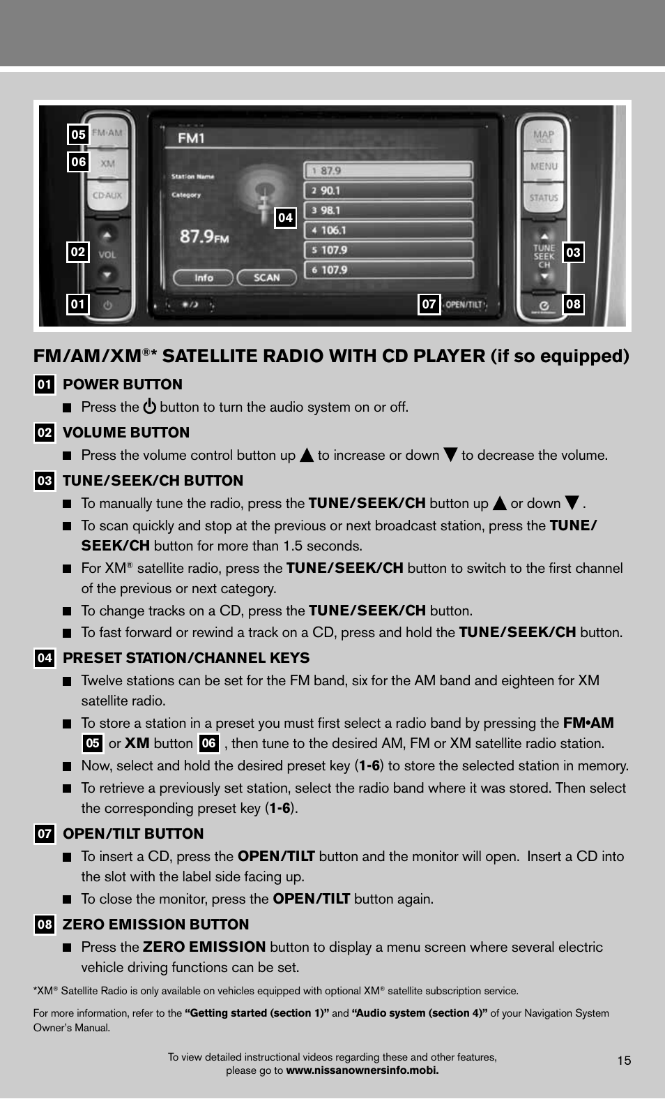 Fm/am/xm, Satellite radio with cd player (if so equipped) | NISSAN 2012 LEAF - Quick Reference Guide User Manual | Page 17 / 24