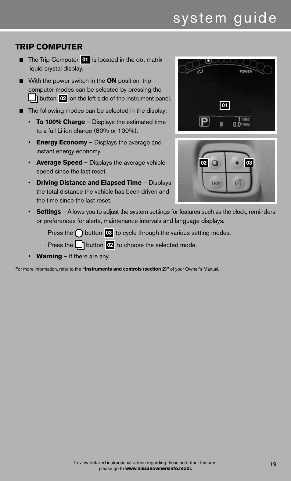 System guide, Trip computer | NISSAN 2012 LEAF - Quick Reference Guide User Manual | Page 21 / 24