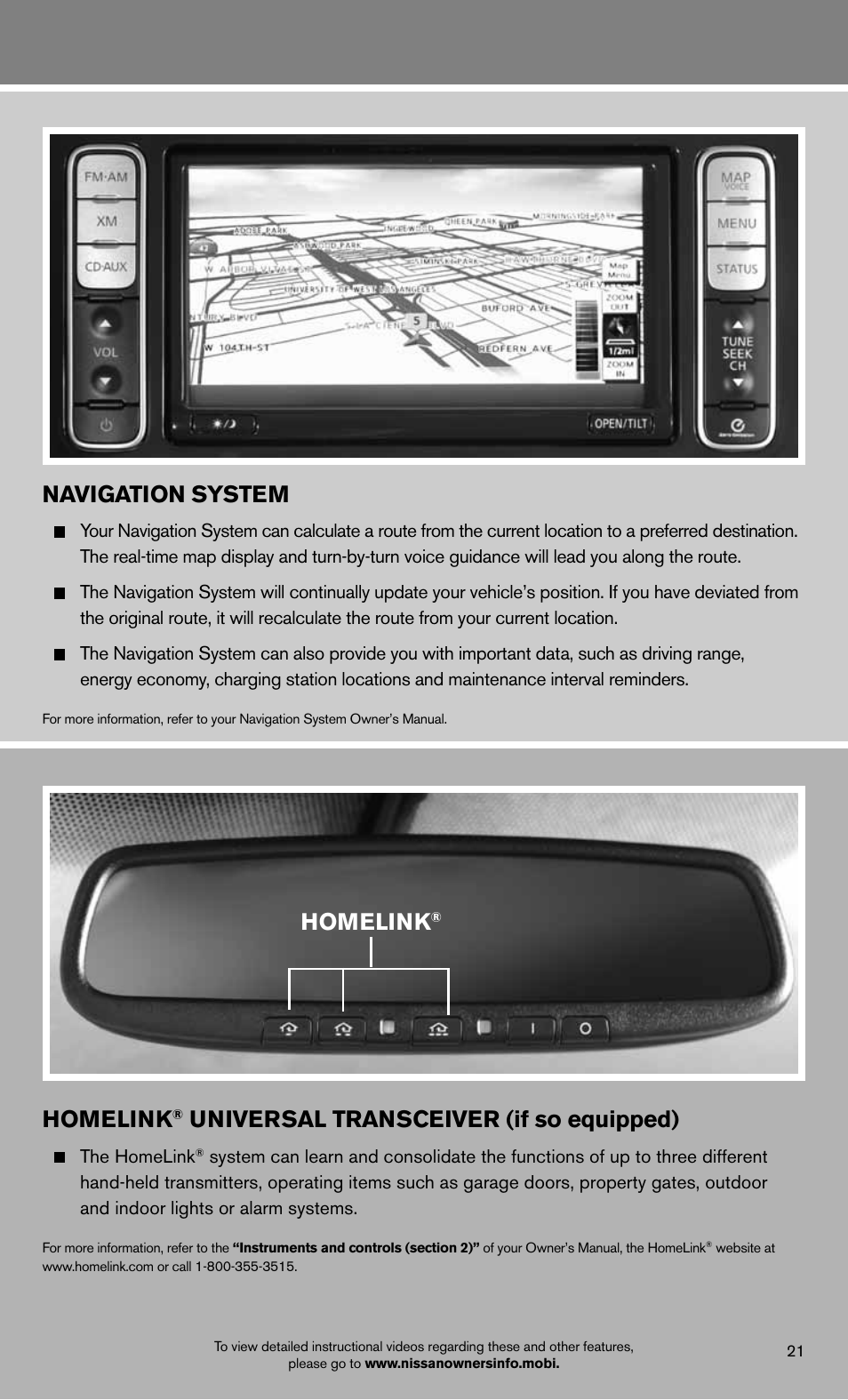 Homelink, Universal transceiver (if so equipped), Navigation system | NISSAN 2012 LEAF - Quick Reference Guide User Manual | Page 23 / 24