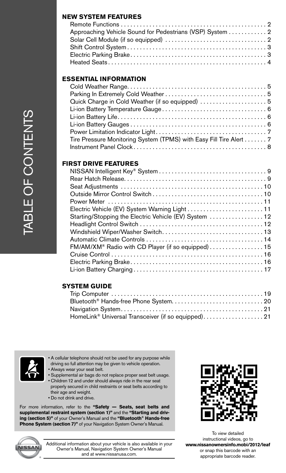 NISSAN 2012 LEAF - Quick Reference Guide User Manual | Page 3 / 24