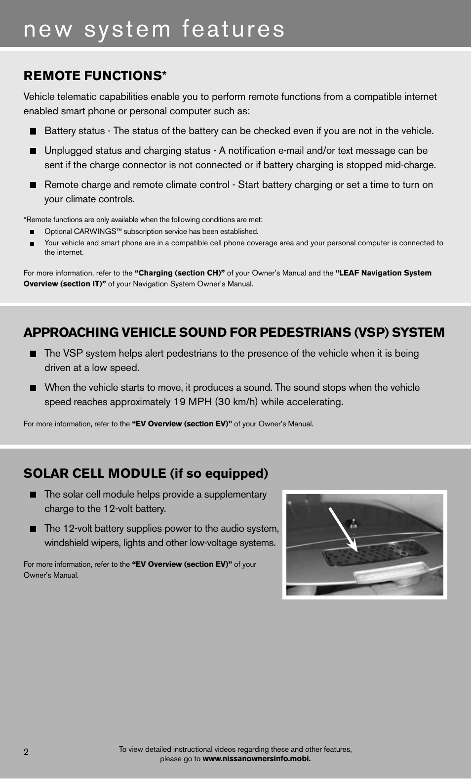 New system features, Solar cell module (if so equipped), Remote functions | NISSAN 2012 LEAF - Quick Reference Guide User Manual | Page 4 / 24