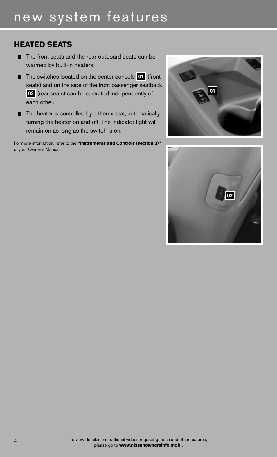 New system features, Heated seats | NISSAN 2012 LEAF - Quick Reference Guide User Manual | Page 6 / 24