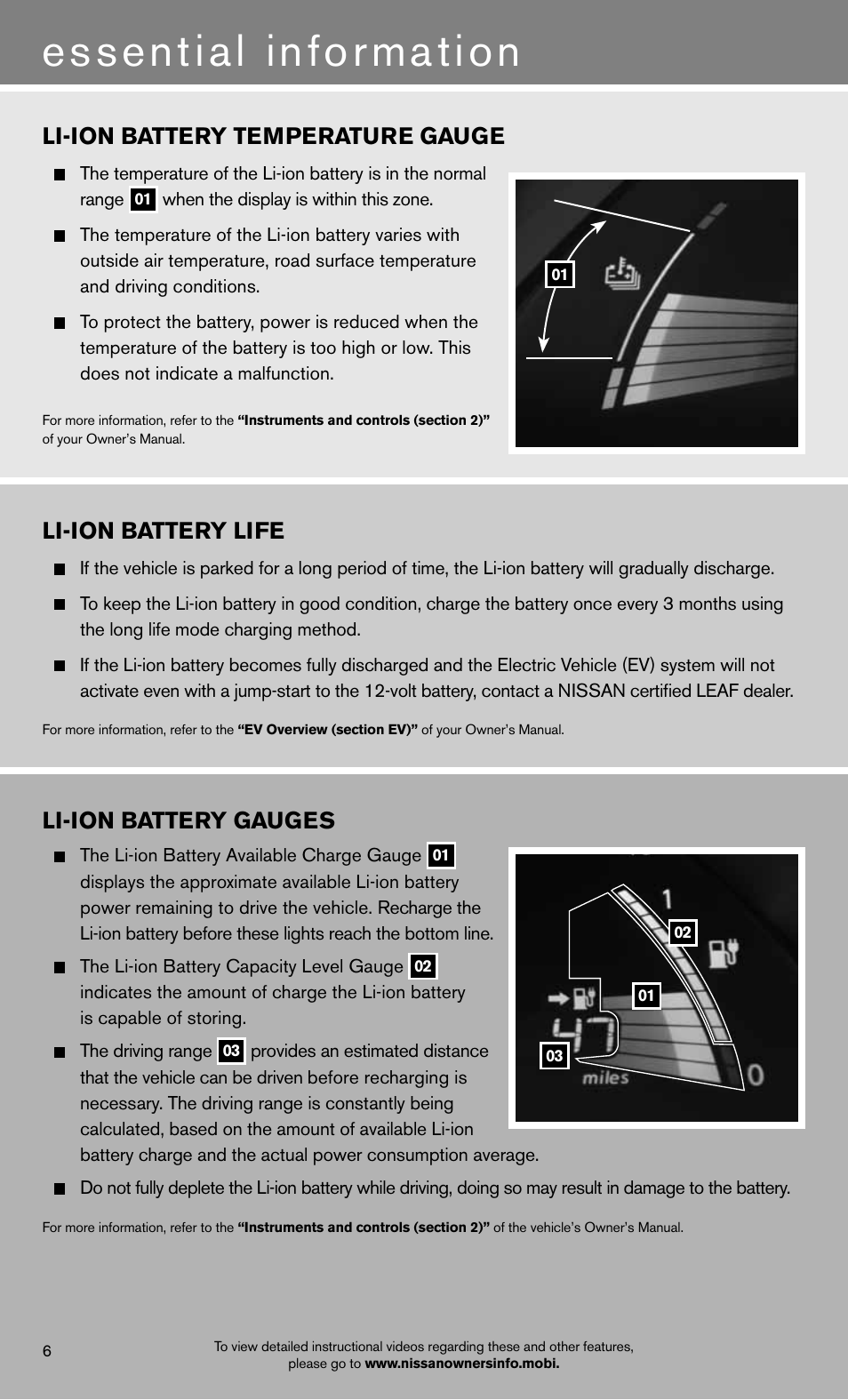 Essential information, Li-ion battery temperature gauge, Li-ion battery gauges | Li-ion battery life | NISSAN 2012 LEAF - Quick Reference Guide User Manual | Page 8 / 24