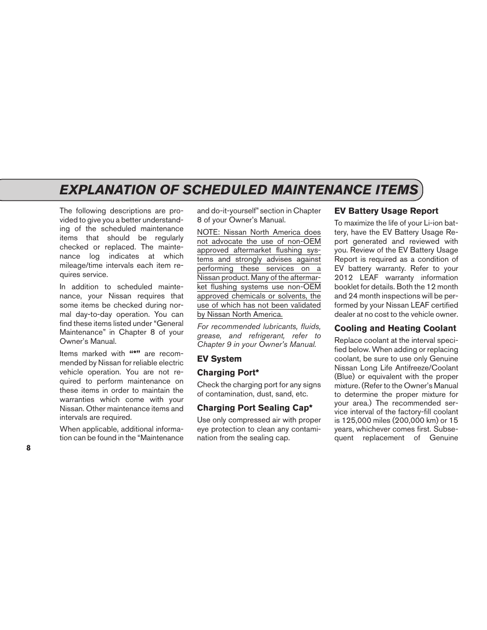 Explanation of scheduled maintenance items | NISSAN 2012 LEAF - Service & Maintenance Guide User Manual | Page 10 / 40