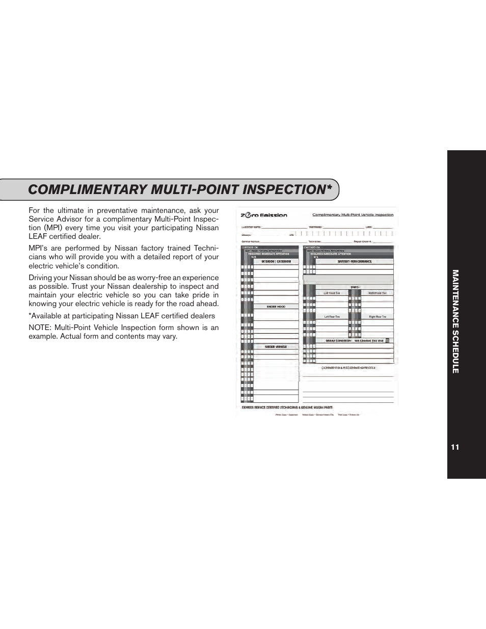 Complimentary multi-point inspection | NISSAN 2012 LEAF - Service & Maintenance Guide User Manual | Page 13 / 40
