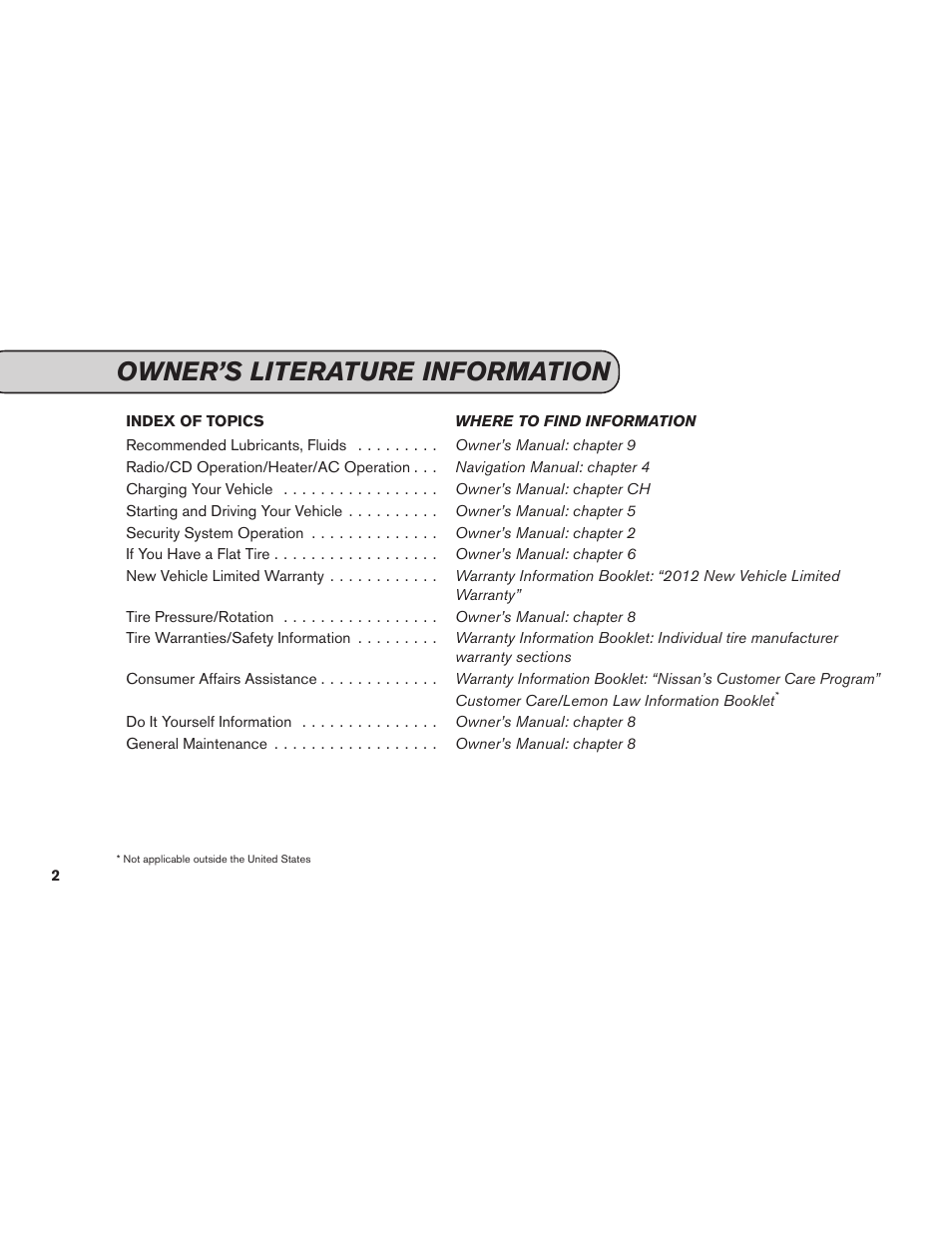Owner’s literature information | NISSAN 2012 LEAF - Service & Maintenance Guide User Manual | Page 4 / 40