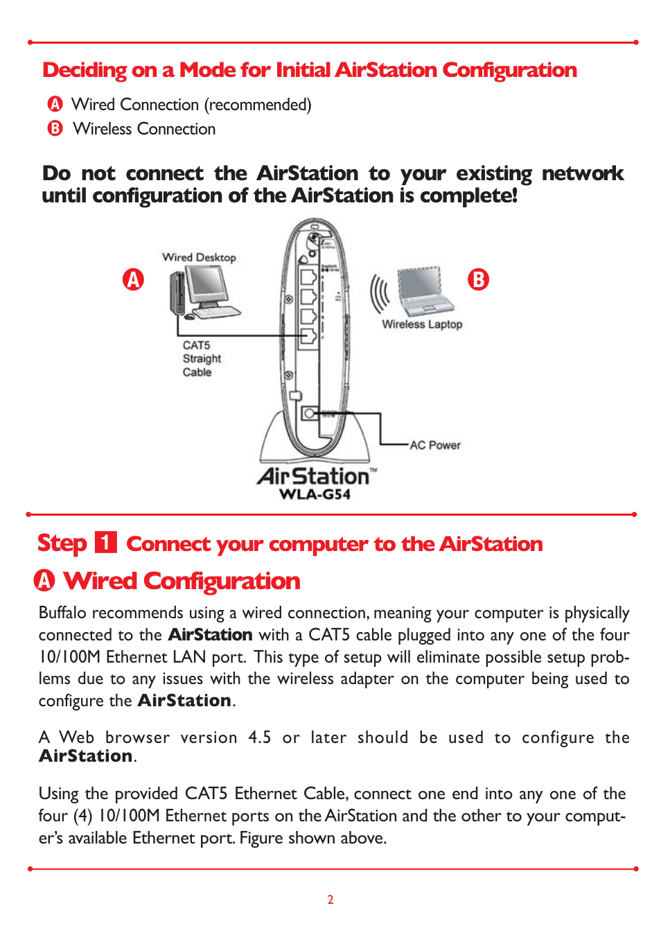 Step ẅ, Ạạ ạ wired configuration | Buffalo Technology 54MBPS BRIDGE BASE STATION WLA-G54 User Manual | Page 2 / 8