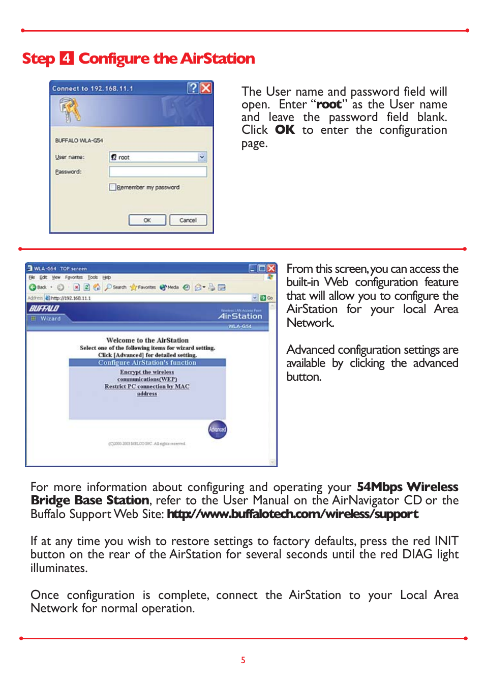Step ẇ configure the airstation | Buffalo Technology 54MBPS BRIDGE BASE STATION WLA-G54 User Manual | Page 5 / 8
