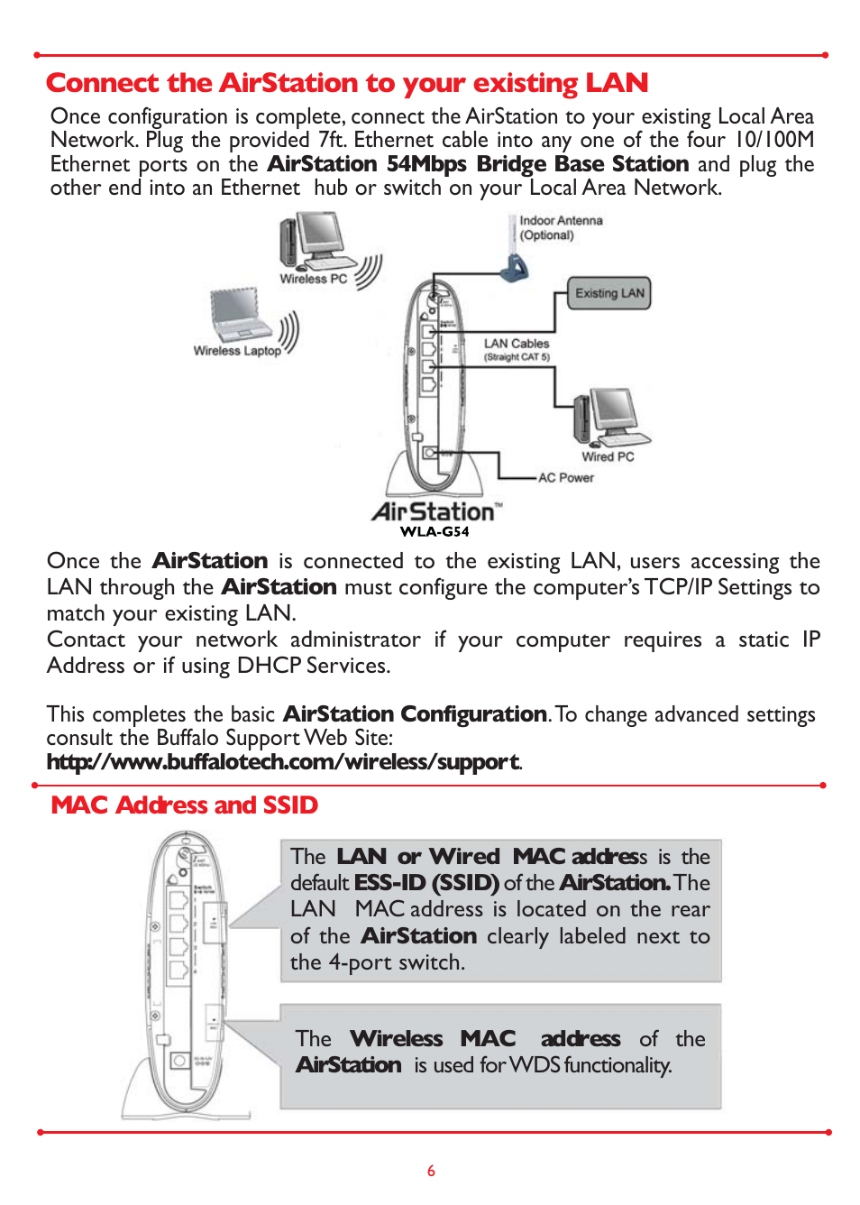 Connect the airstation to your existing lan | Buffalo Technology 54MBPS BRIDGE BASE STATION WLA-G54 User Manual | Page 6 / 8
