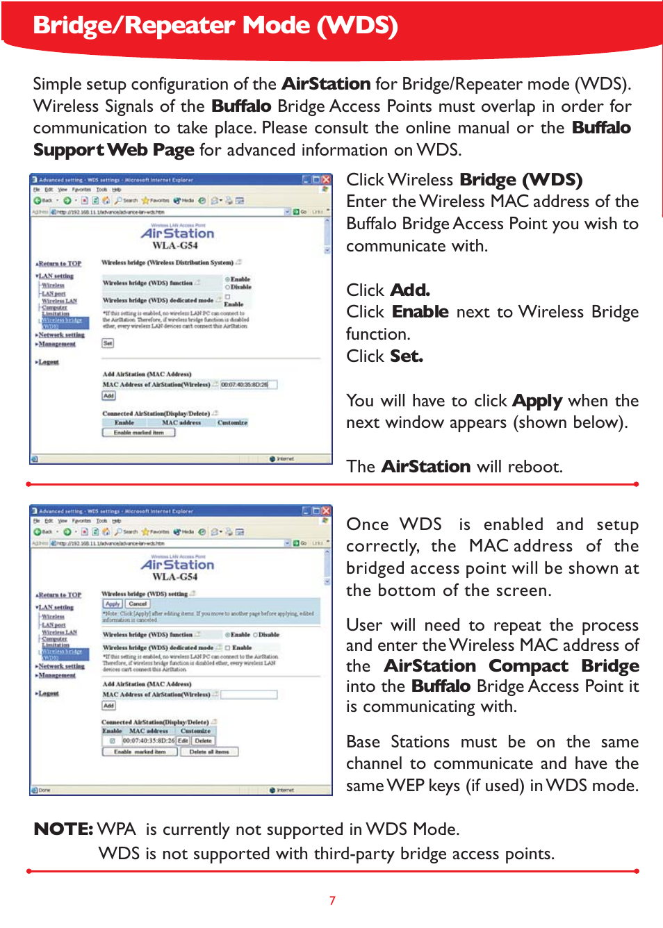 Bridge/repeater mode (wds) | Buffalo Technology 54MBPS BRIDGE BASE STATION WLA-G54 User Manual | Page 7 / 8