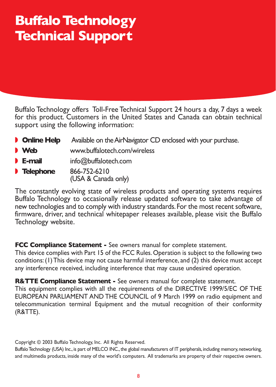Buffalo technology technical support | Buffalo Technology 54MBPS BRIDGE BASE STATION WLA-G54 User Manual | Page 8 / 8
