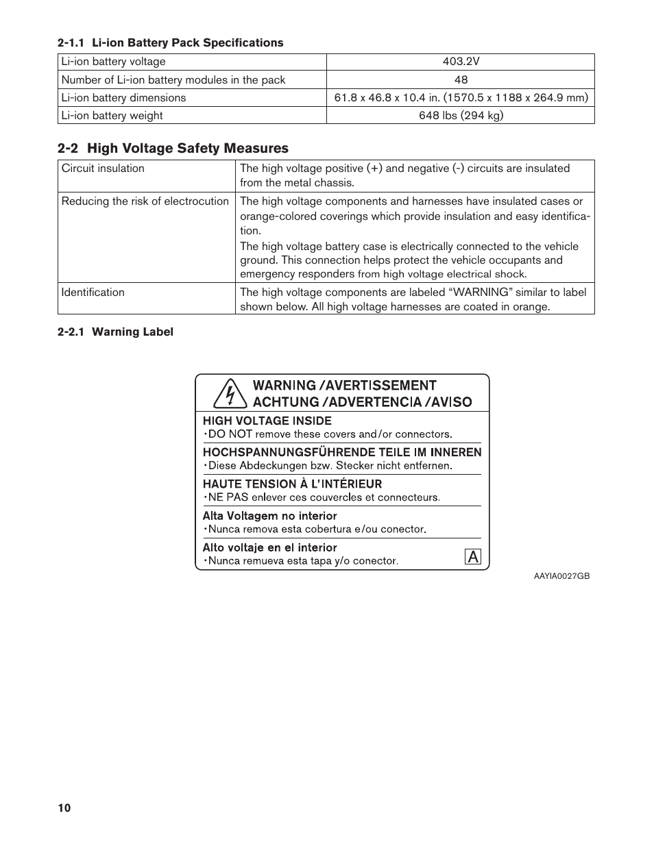 1.1 li-ion battery pack specifications, 2 high voltage safety measures, 2.1 warning label | 1.1. li-ion battery pack specifications, 2.1. warning label | NISSAN 2012 LEAF - First Responder's Guide User Manual | Page 10 / 35