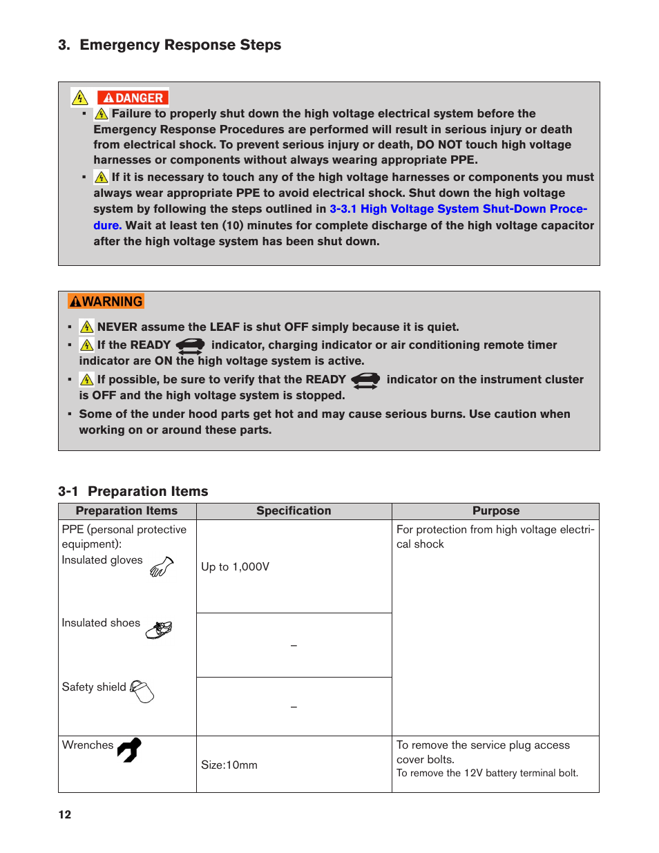Emergency response steps, 1 preparation items | NISSAN 2012 LEAF - First Responder's Guide User Manual | Page 12 / 35