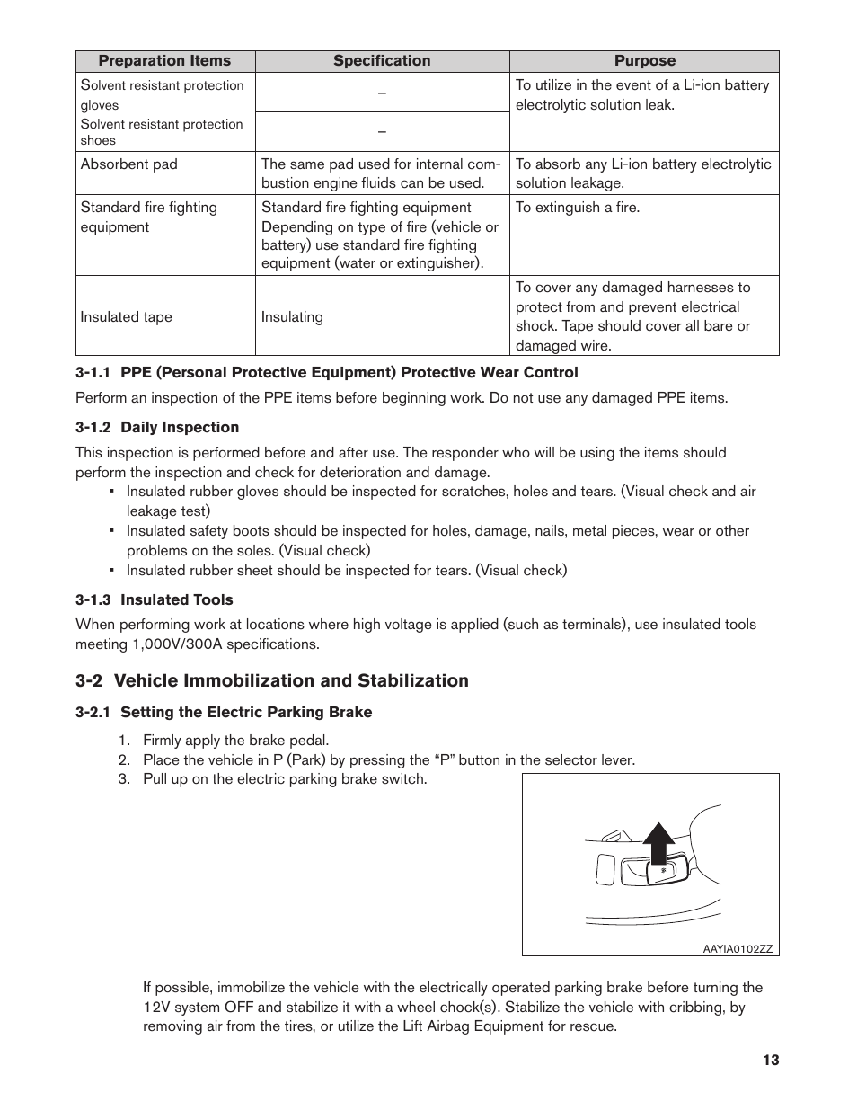 1.2 daily inspection, 1.3 insulated tools, 2 vehicle immobilization and stabilization | 2.1 setting the electric parking brake, 1.2. daily inspection, 1.3. insulated tools, 2.1. setting the electric parking brake | NISSAN 2012 LEAF - First Responder's Guide User Manual | Page 13 / 35